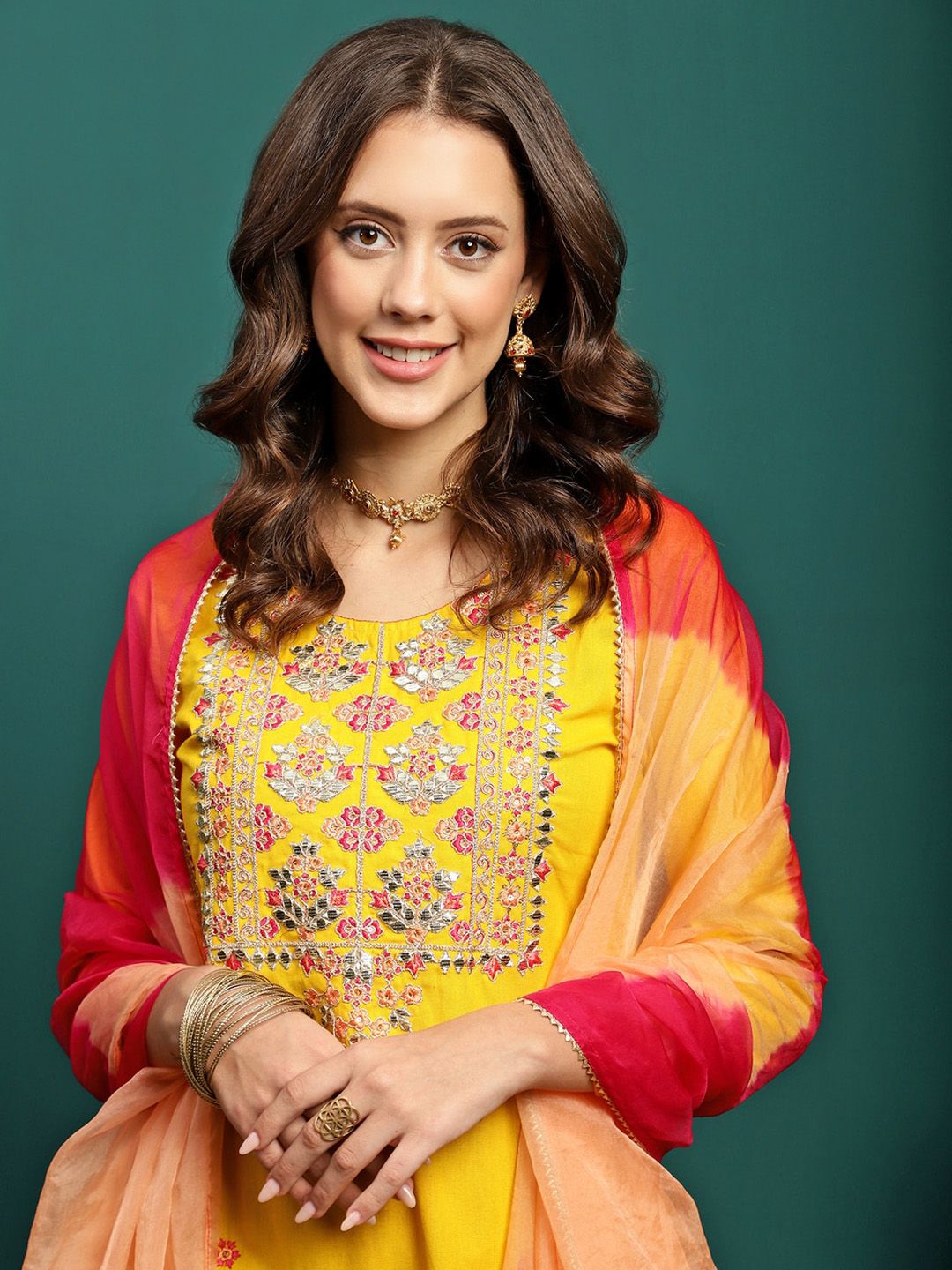 Dhiyona SN Women's Embroidered Round Neck Straight Kurta With Trousers & Dupatta