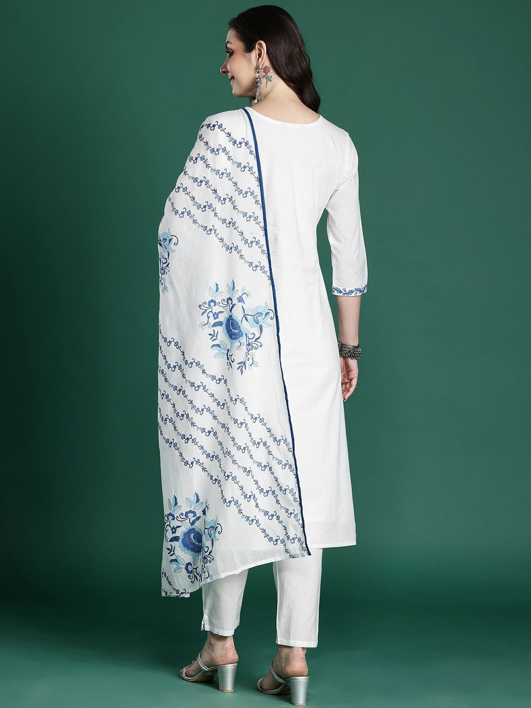 Floral Embroidered Pure Cotton Kurta with Trousers & Dupatta