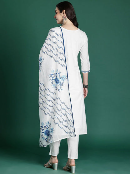 Floral Embroidered Pure Cotton Kurta with Trousers & Dupatta