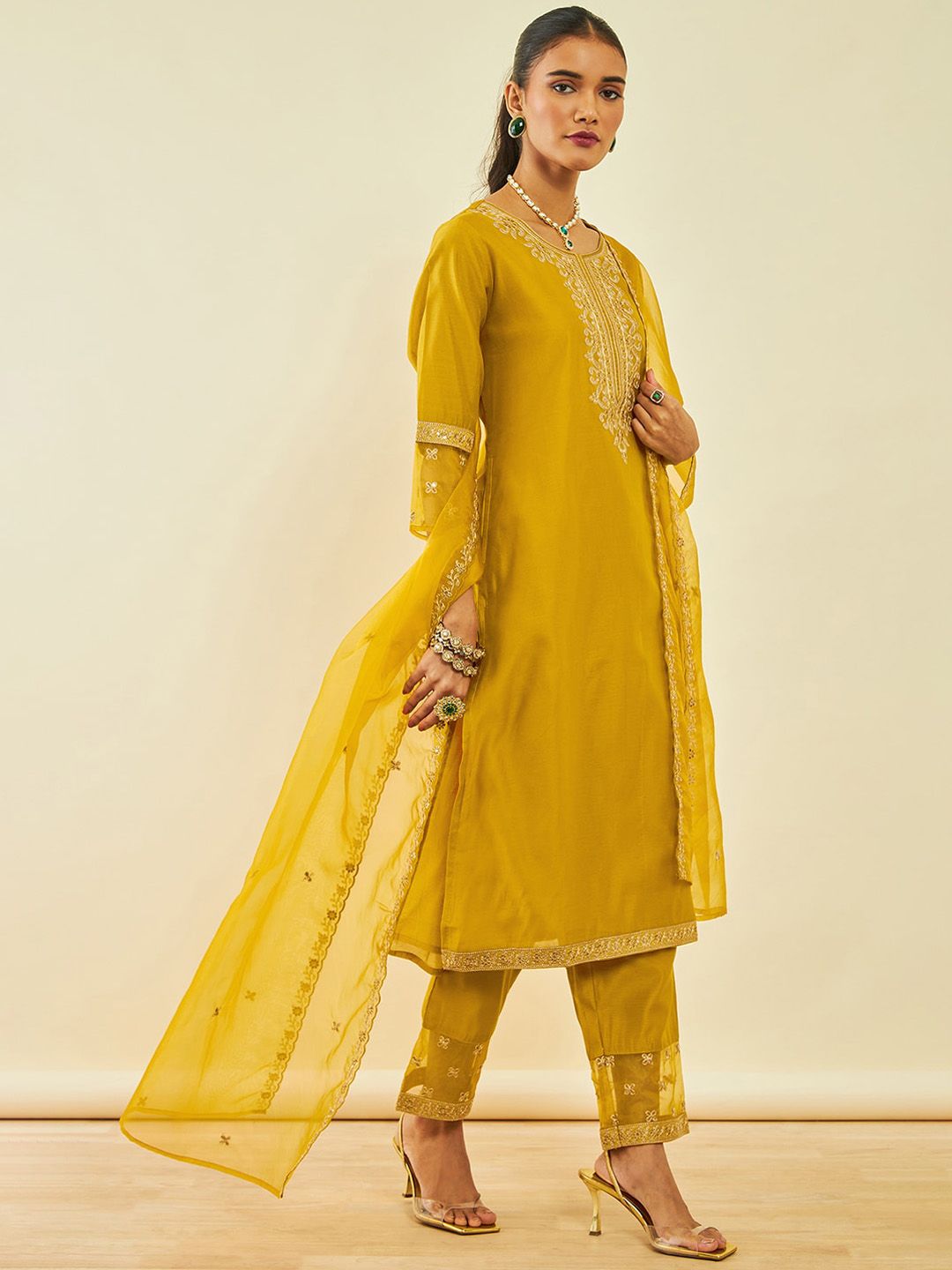 Dhiyona SO Women's Ethnic Motifs Embroidered Regular Sequinned Straight Kurta With Trousers & Dupatta