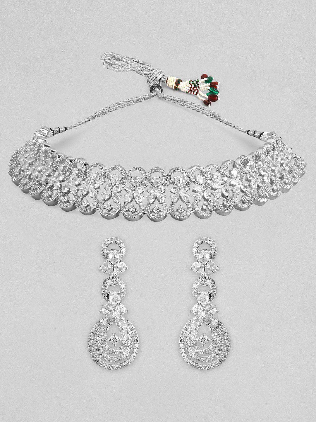 Dhiyona RJ Women's Rhodium-Plated Cubic Zirconia Studded Floral Design Choker Necklace Set