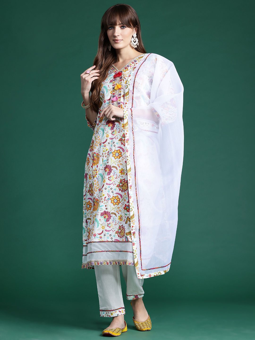 Floral Printed Sequinned Pure Cotton Kurta With Trousers & Dupatta