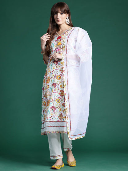 Floral Printed Sequinned Pure Cotton Kurta With Trousers & Dupatta