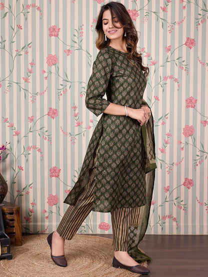 Dhiyona OD  Floral Printed Regular Pure Cotton Kurta with Trousers & Dupatta