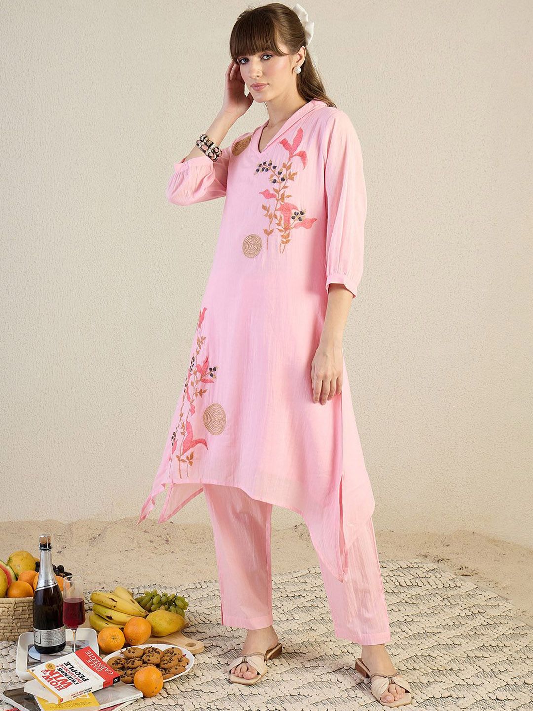 Dhiyona IE Printed Pure Cotton Shirt Collar Top With Trousers Co-Ords