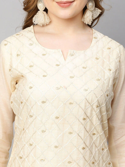 Dhiyona KL Checked Embroidered Notch-Neck Thread Work Straight Kurta With Trousers And Dupatta