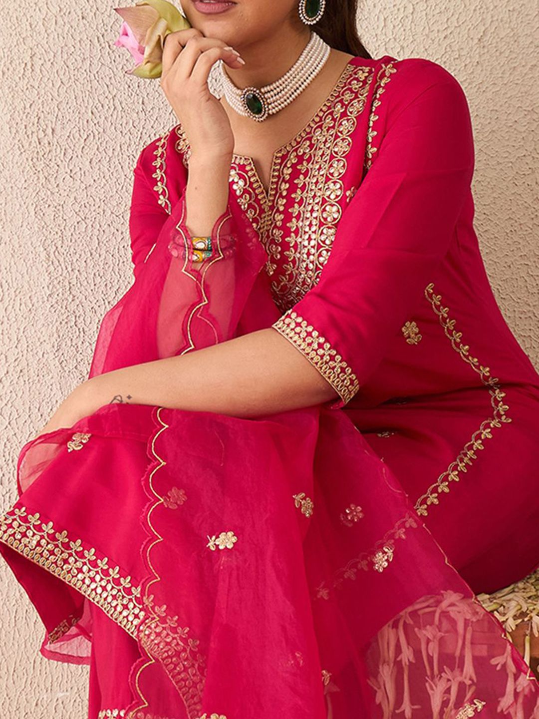 Embroidered Gotta Patti Work Notch Neck Kurta With Trousers & Dupatta