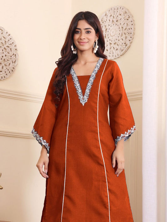 Dhiyona VA Women'sV-Neck Embroidered Thread Work Straight Kurta With Trousers