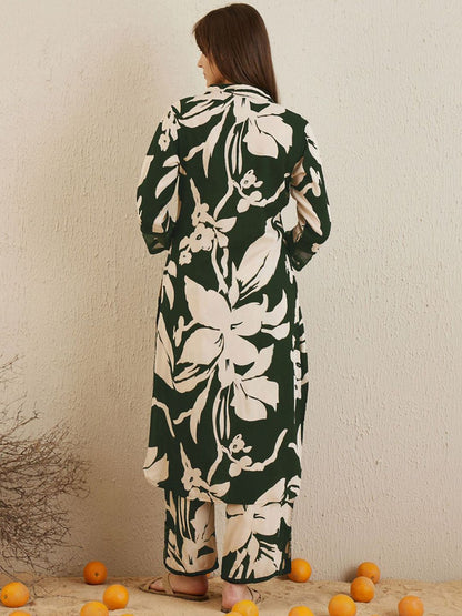 Floral Printed Shirt Collar Straight Kurta With Trousers