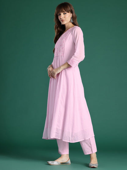 Floral Embroidered Panelled Thread Work Pure Cotton Kurta with Trousers & Dupatta