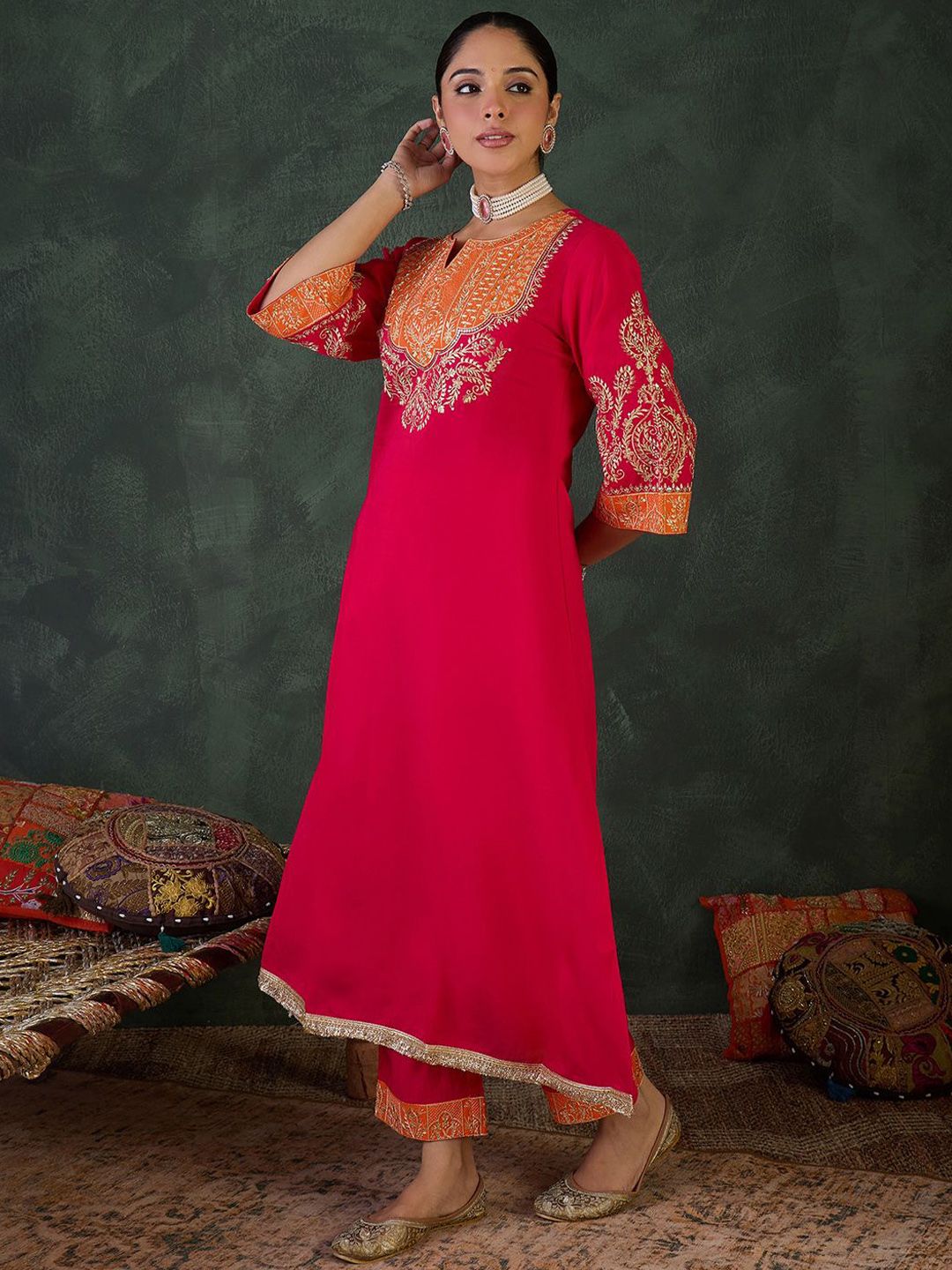 Dhiyona IE Embroidered Round Neck Top With Trousers Co-Ords