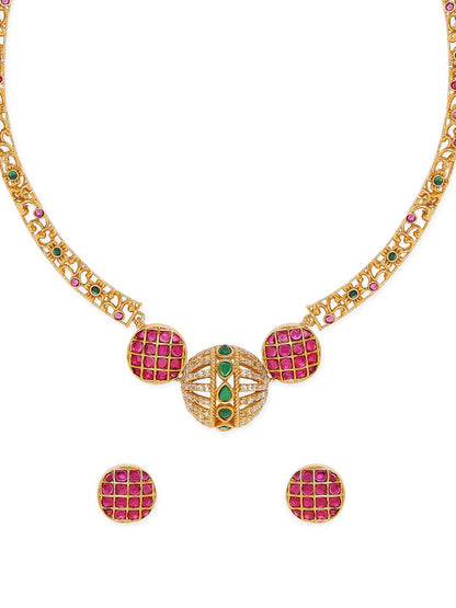 Dhiyona RJ Women's 24K Gold Plated Ruby & Emerald CZ Studded Handcrafted Traditional Jewellery Set