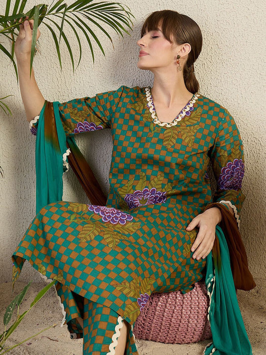 Dhiyona IE Women Floral Printed Regular Beads and Stones Kurta with Trousers & With Dupatta