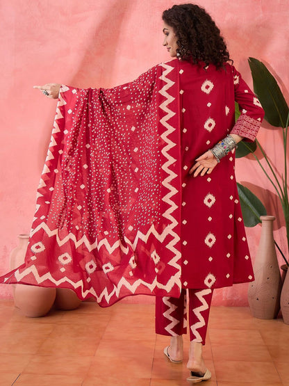 Dhiyona SN Women's Geometric Printed V-Neck Pleated Pure Cotton A-Line Kurta With Trouser And Dupatta