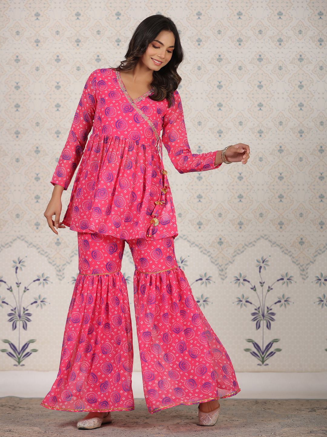 Dhiyona OD  Red Bandhani Printed Angrakha A-Line Kurti With Sharara