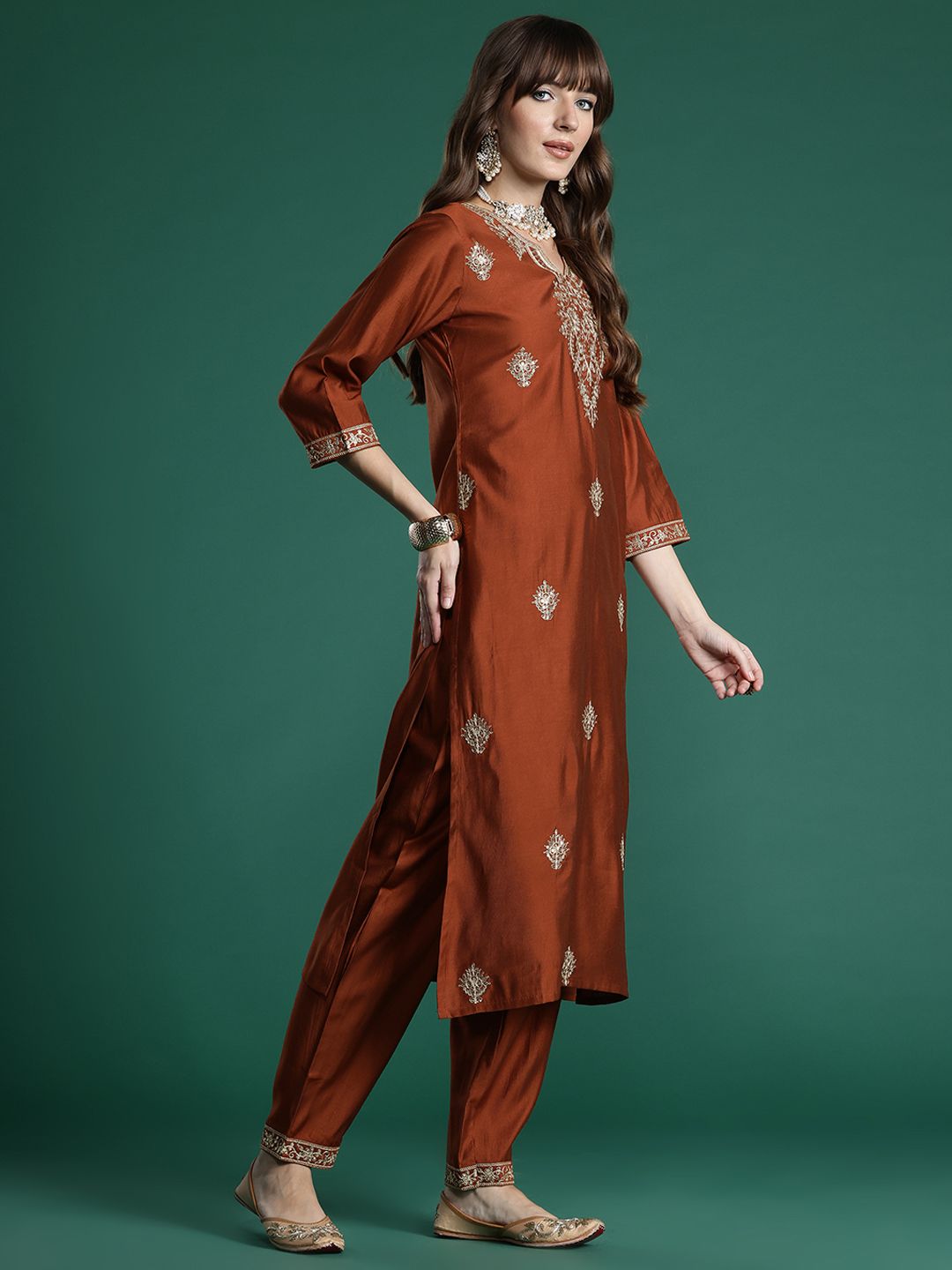 Floral Embroidered Liva Kurta with Trousers & With Dupatta