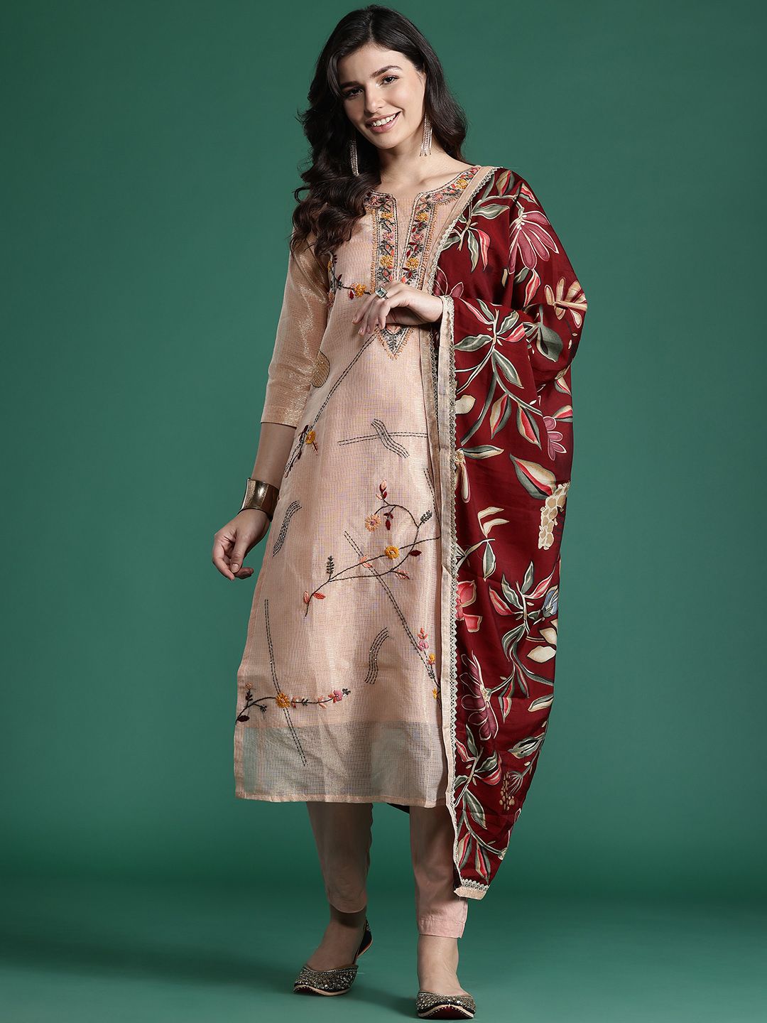 Dhiyona IE Floral Embroidered Thread Work Pure Cotton Kurta with Trousers & With Dupatta