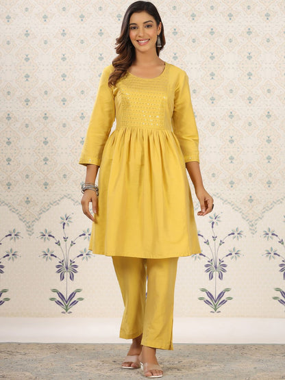 Dhiyona OD  Yellow Sequinned Detailed Anarkali Kurta With Trousers