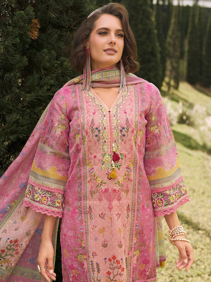 Dhiyona IE Floral Printed V-Neck Linen Kurta With Trousers And Dupatta