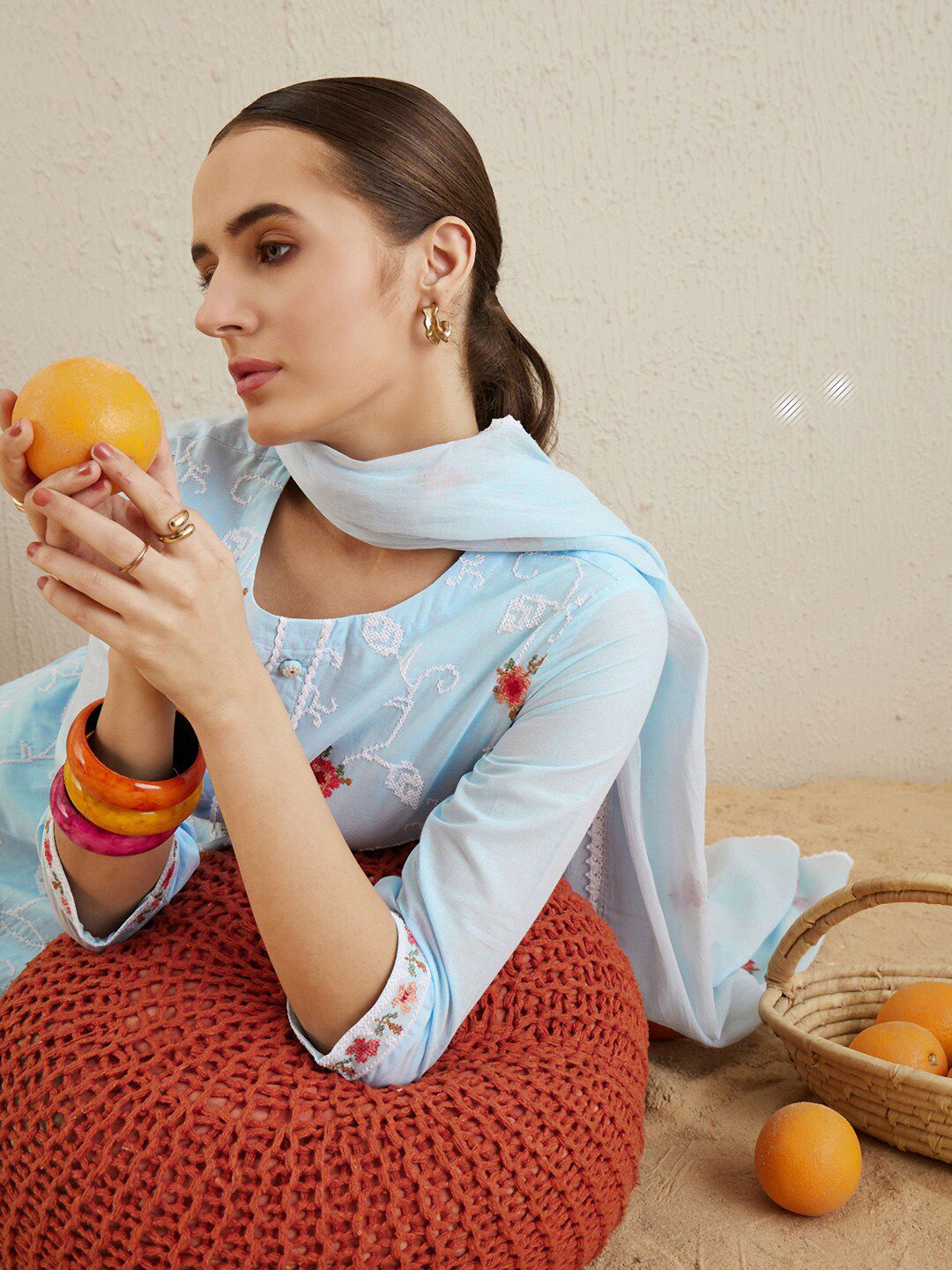 Dhiyona IE Round Neck Ethnic Embroidered Pure Cotton Kurta with Trouser & Dupatta