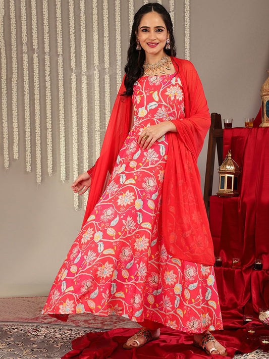 Dhiyona VA Women'sFloral Printed Shoulder Straps Anarkali Kurta & Trousers With Dupatta