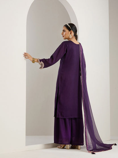 Dhiyona IS Women's Purple Ethnic Motifs Embroidered Chinon Straight Kurta With Sharara & Dupatta