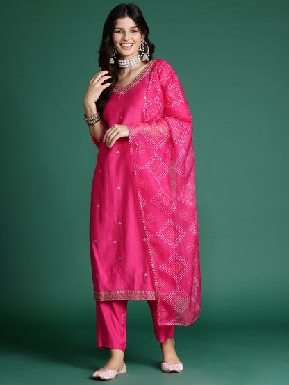 Dhiyona IE Embroidered Liva Kurta with Trousers & With Bandhani Print Dupatta