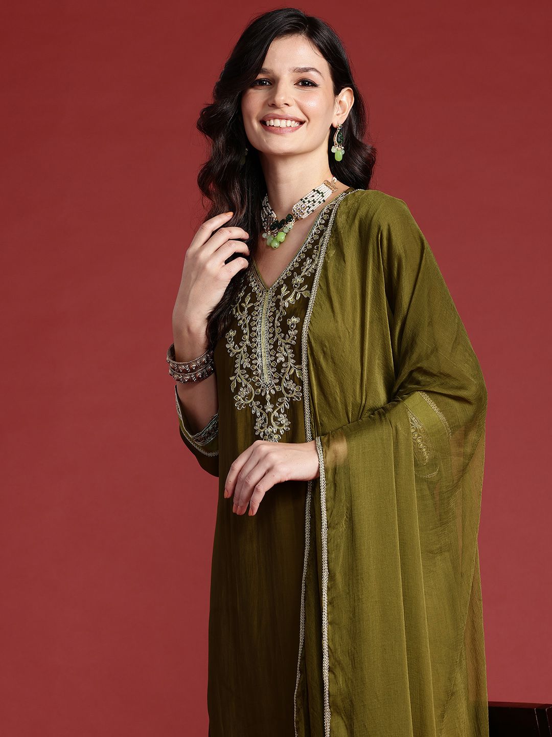 Dhiyona IE Floral Embroidered Sequinned Kurta With Trousers & Dupatta