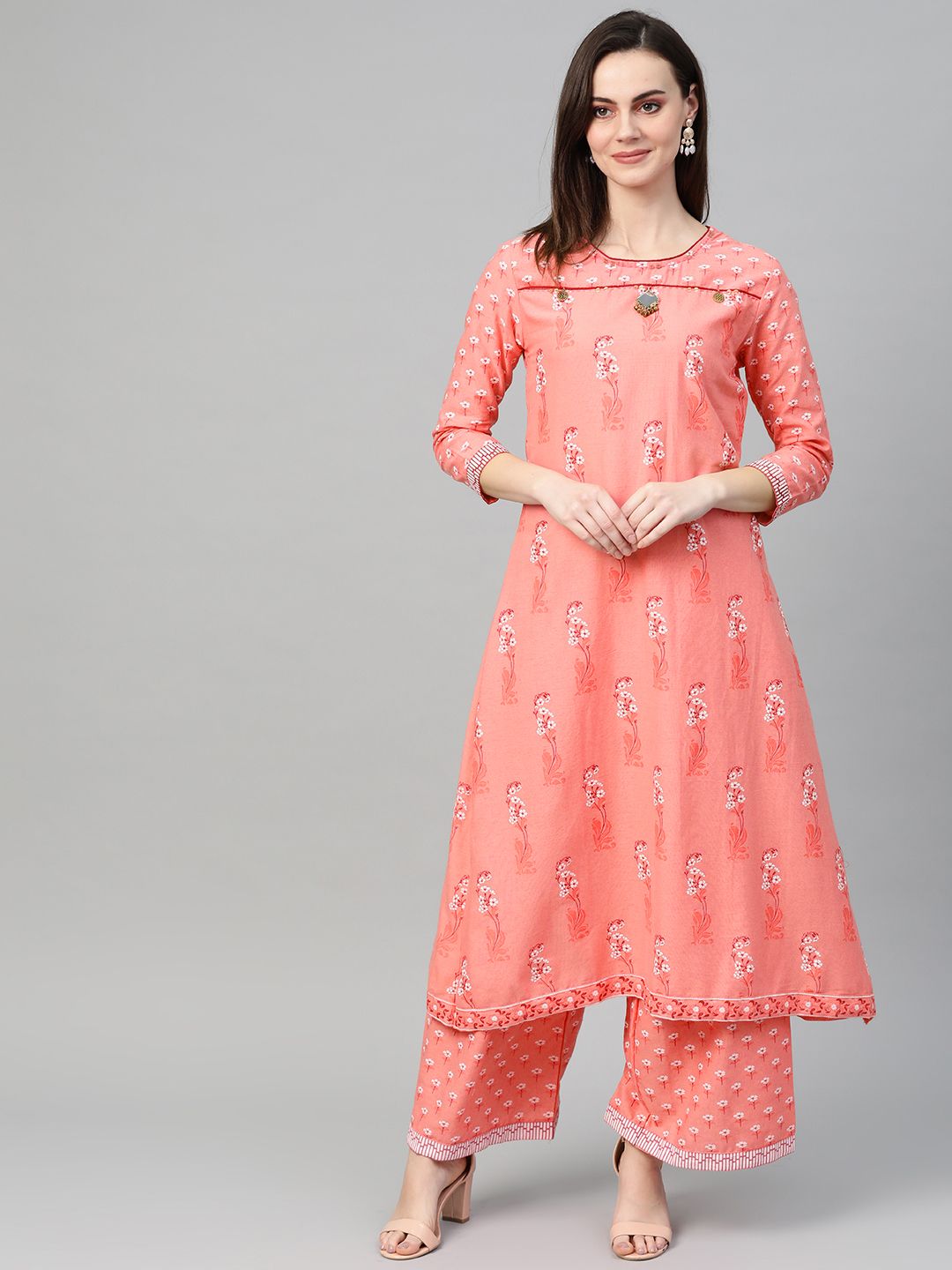 Dhiyona IS Women's Women Pink & Off-White Block Print Kurta with Palazzos