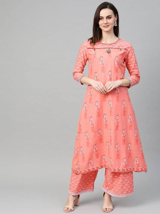 Dhiyona IS Women's Women Pink & Off-White Block Print Kurta with Palazzos