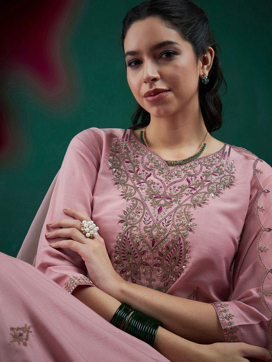 Embroidered Regular Sequinned Straight Kurta With Trousers & Dupatta