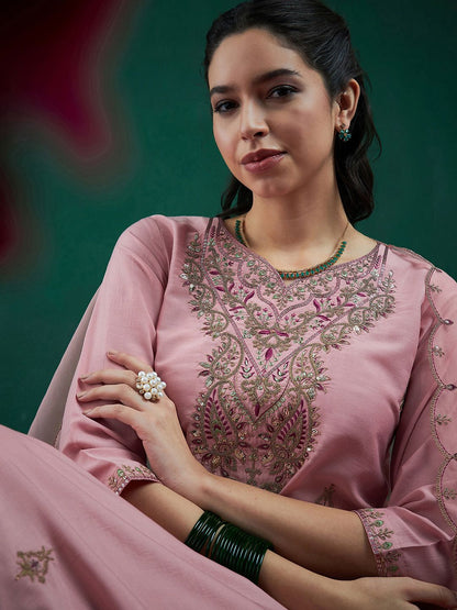 Embroidered Regular Sequinned Straight Kurta With Trousers & Dupatta