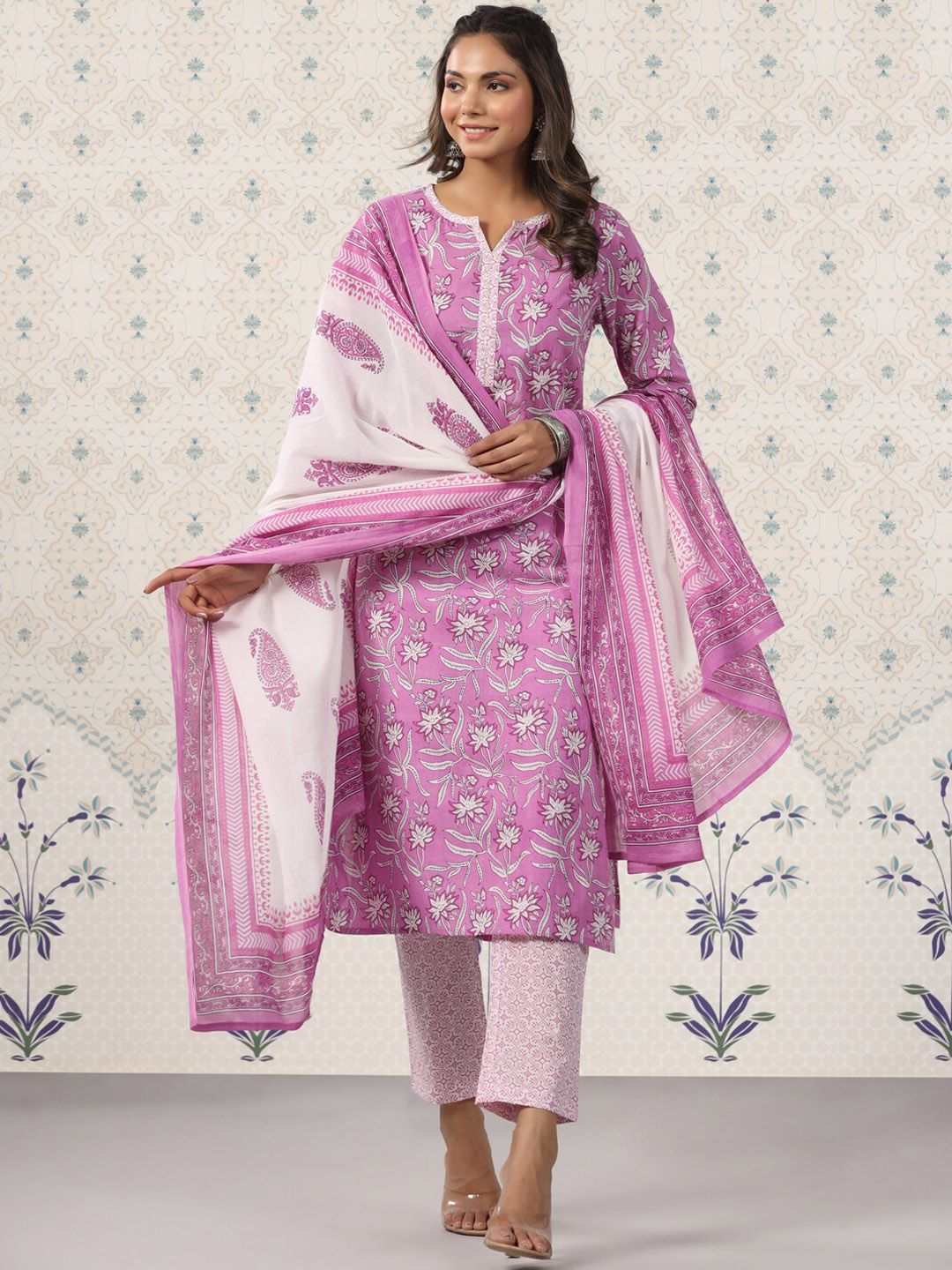 Dhiyona OD  Printed Notched Neck Pure Cotton Kurta With Trousers & Dupatta