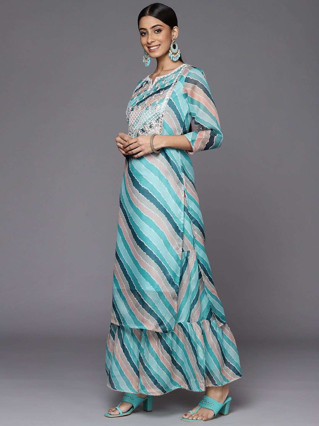Dhiyona VA Women's Teal Leheriya Printed Gotta Patti Chanderi Cotton Kurta with Sharara & With Dupatta