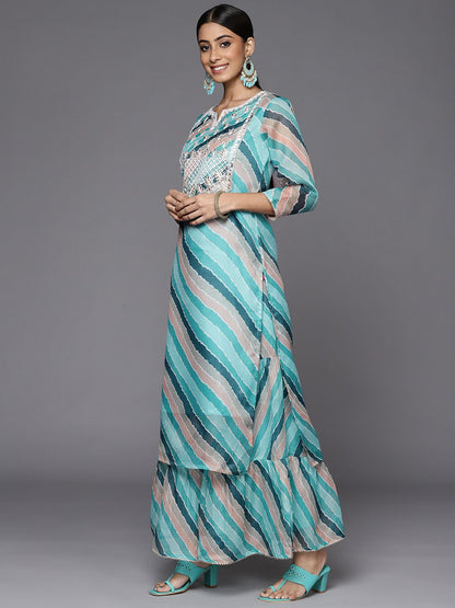 Dhiyona VA Women's Teal Leheriya Printed Gotta Patti Chanderi Cotton Kurta with Sharara & With Dupatta