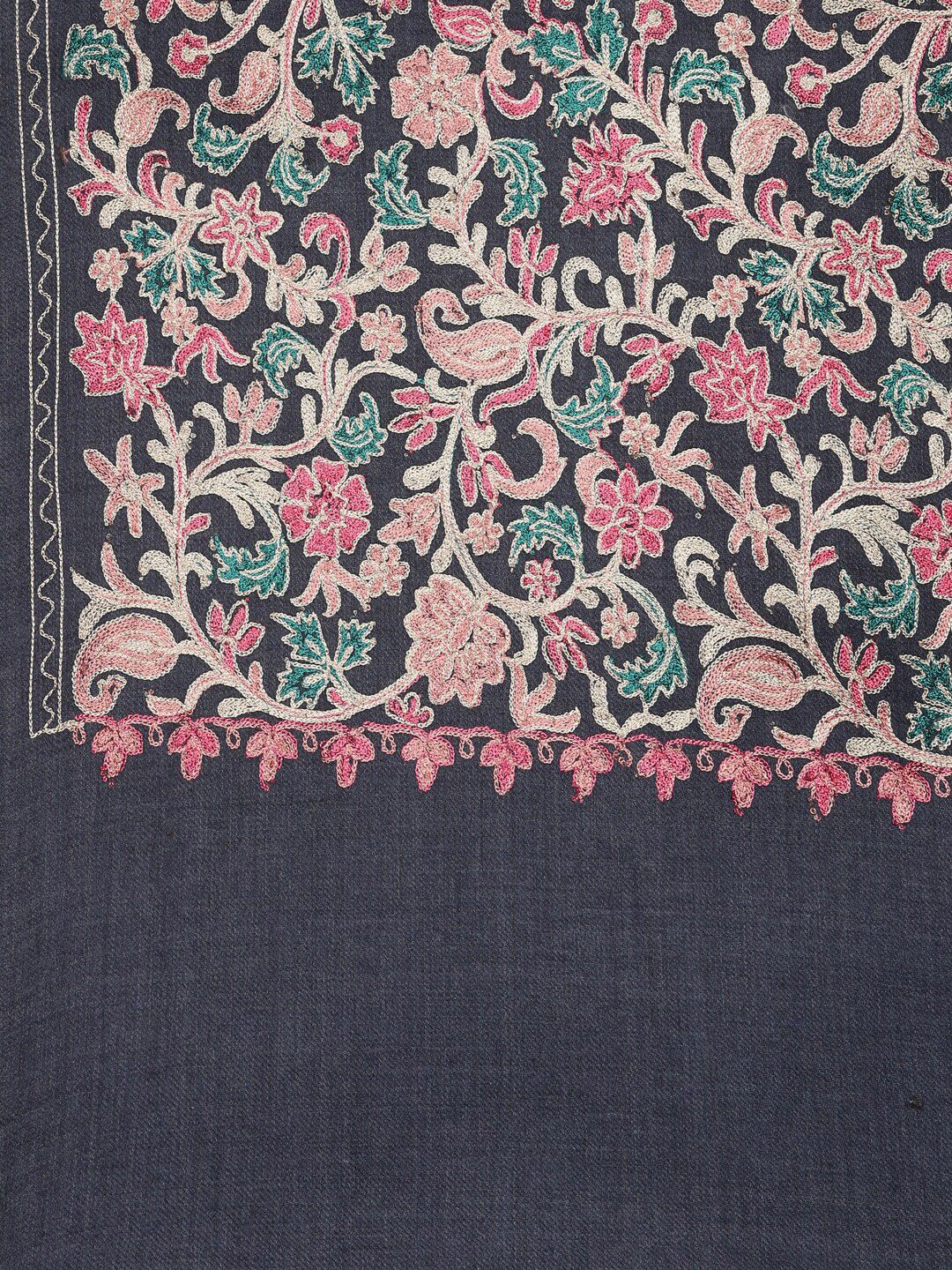 Dhiyona PA Women Navy Blue & Green Floral Embroidered Pure Wool Shawl