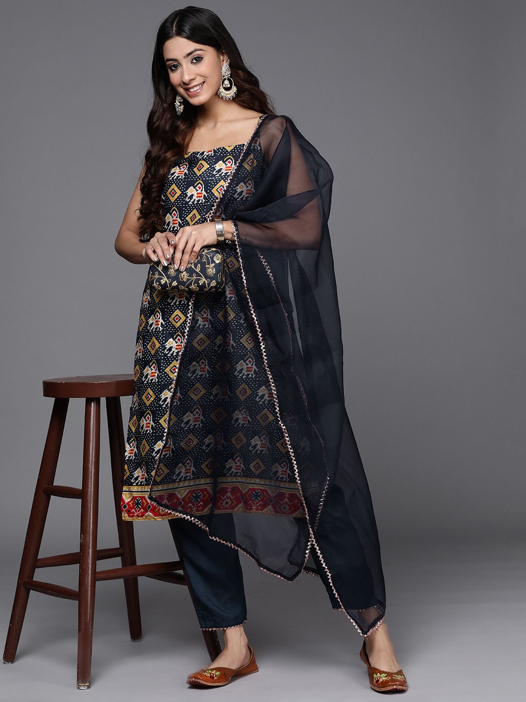 Dhiyona IE Women Blue Ethnic Motifs Printed Kurta with Trousers & With Dupatta