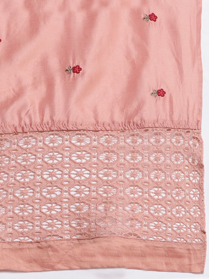 Dhiyona VA Women's Peach-Coloured Ethnic Motifs Embroidered Kurta with Trousers & Dupatta