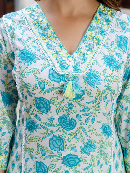 Dhiyona IE Women Floral Printed V-Neck Pure Cotton Kurta With Salwar & Dupatta