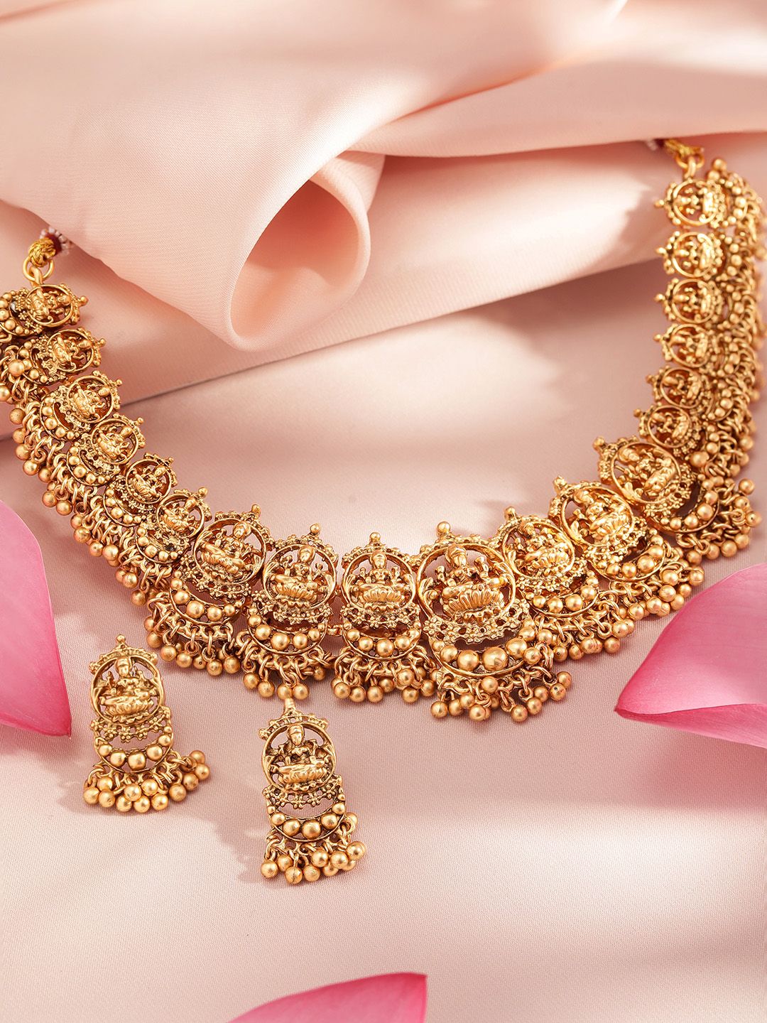 Dhiyona RJ Women's 24K Gold Plated Goddess Lakshmi Motif Handcrafted Traditional Temple Jewellery Set