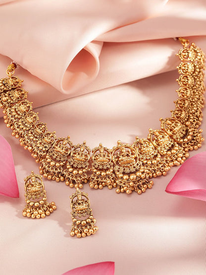Dhiyona RJ Women's 24K Gold Plated Goddess Lakshmi Motif Handcrafted Traditional Temple Jewellery Set
