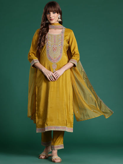 Ethnic Motifs Embroidered Sequinned Kurta with Trousers & With Dupatta