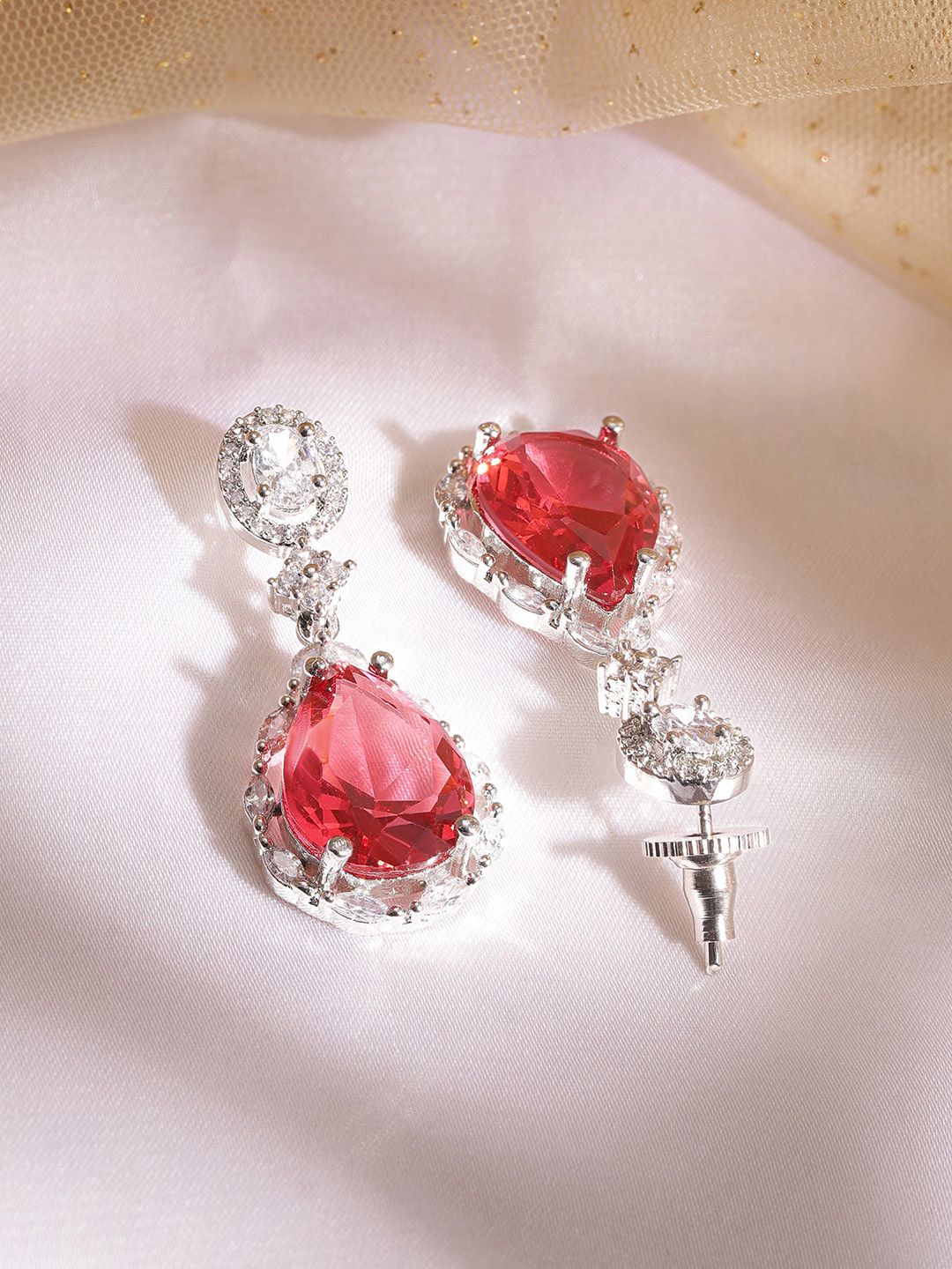 Dhiyona RJ Women's Rhodium Plated Ruby Studded Zirconia Teardrop Earring