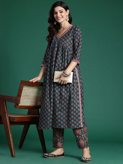 Ethnic Motifs Printed Empire Pure Cotton Kurta with Trousers