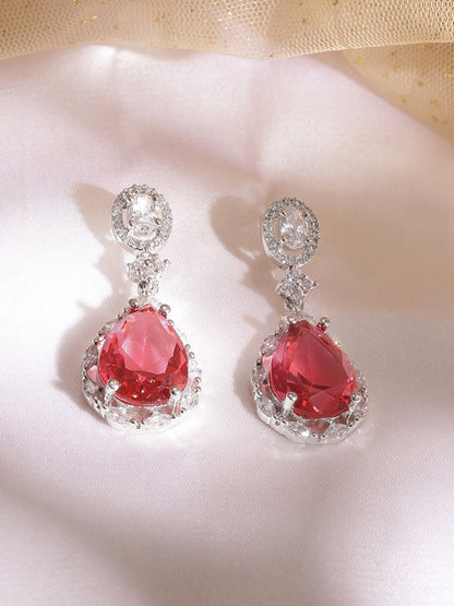 Dhiyona RJ Women's Rhodium Plated Ruby Studded Zirconia Teardrop Earring