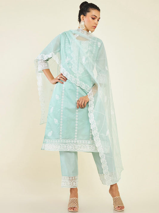 Dhiyona SO Women's Floral Embroidered Chanderi Cotton Kurta with Trousers & Dupatta