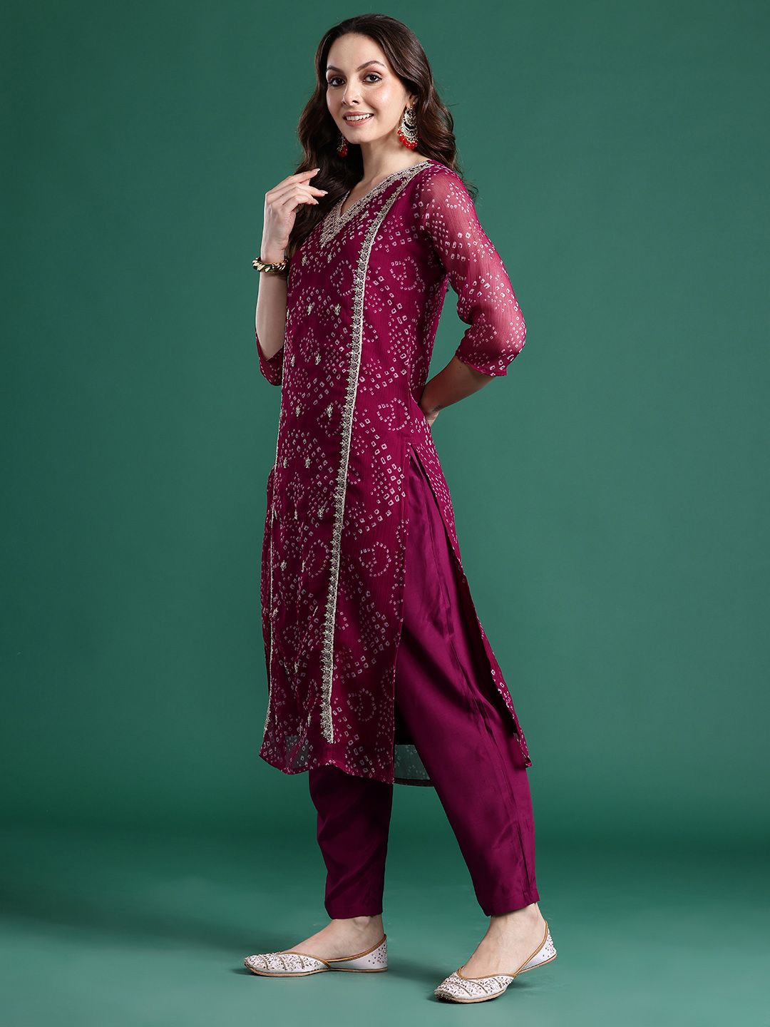 Bandhani Printed Zari Panelled Silk Chiffon Kurta with Trousers & With Dupatta