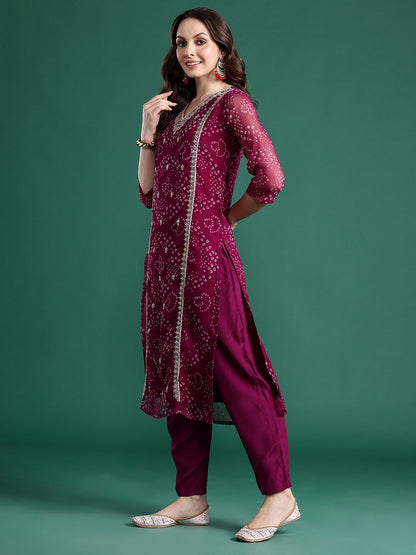 Bandhani Printed Zari Panelled Silk Chiffon Kurta with Trousers & With Dupatta