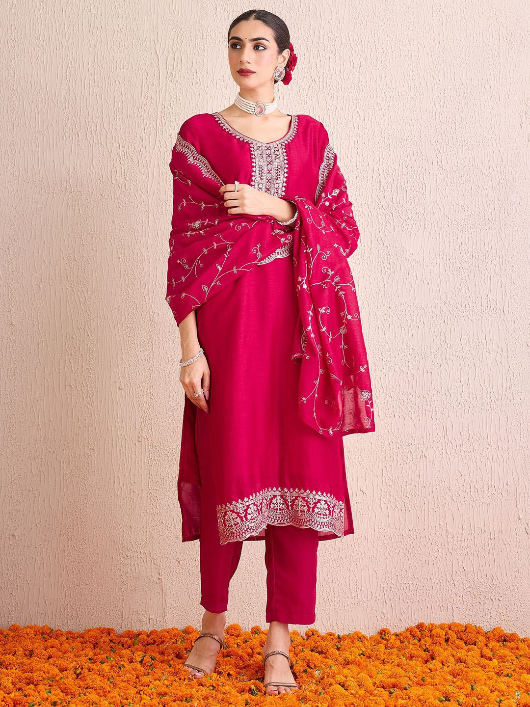 Women Ethnic Motifs Yoke Design Regular Sequinned Kurta with Trousers & With Dupatta