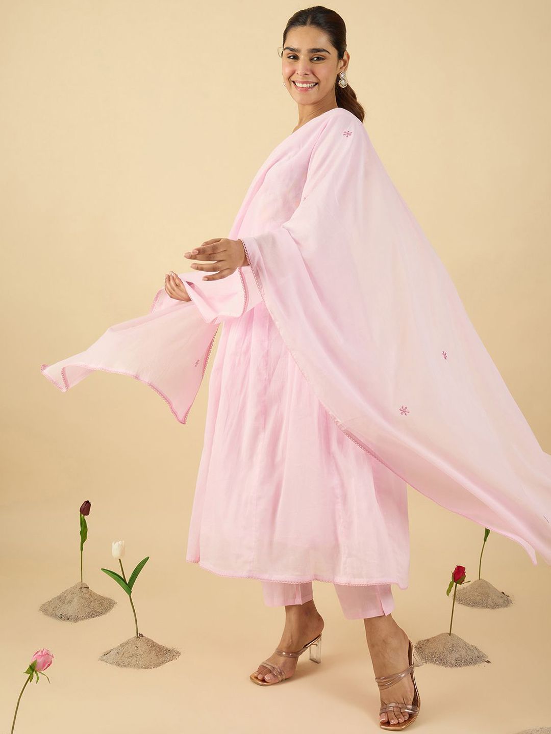 Dhiyona IE Floral Embroidered V Neck A Line Pure Cotton Kurta With Trousers & Dupatta